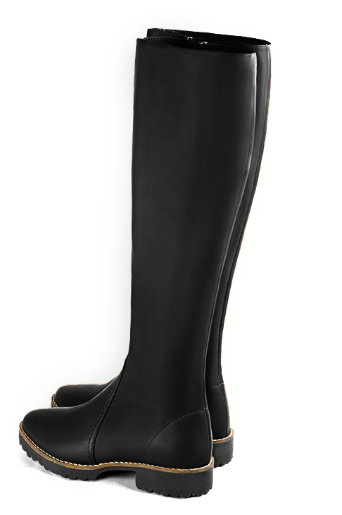 Satin black women's riding knee-high boots. Round toe. Flat rubber soles. Made to measure. Rear view - Florence KOOIJMAN